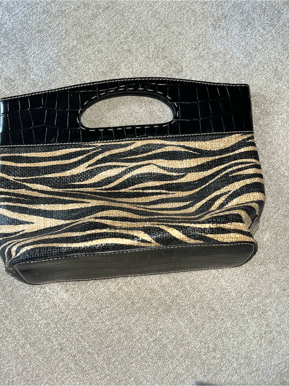 Franco Sarto Zebra-Print Straw Tote with Black Faux-Croc Trim
